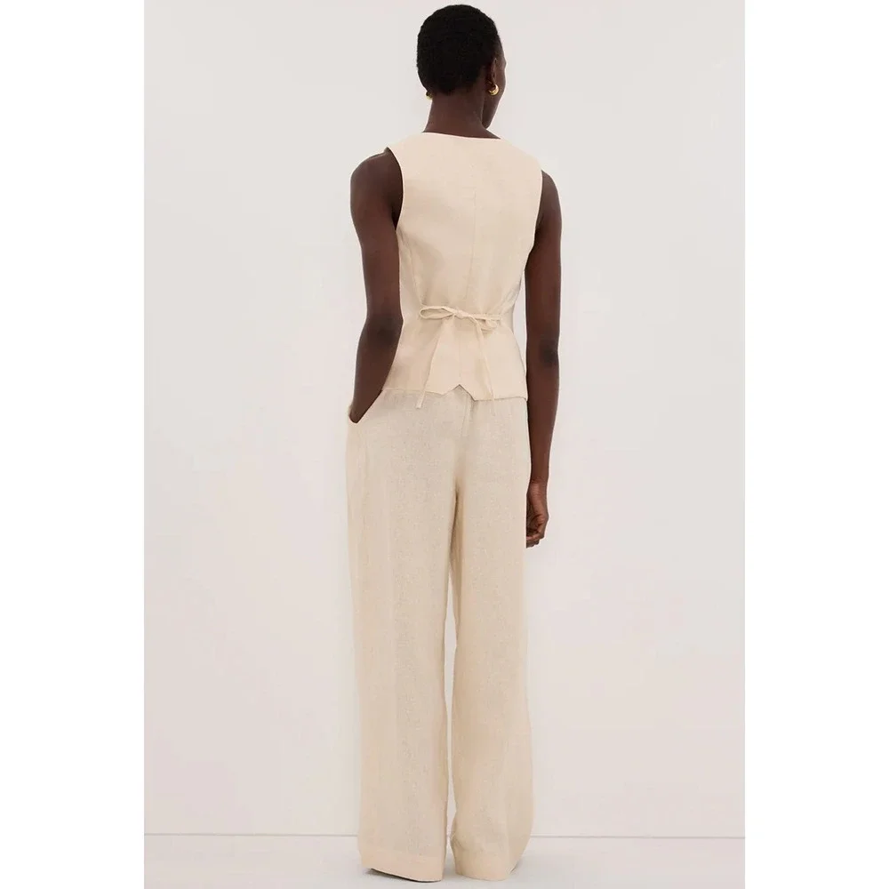 DISSH Fran Standstone Linen 2 Piece Set Sz 6 Coastal Vest Wide Leg Trousers